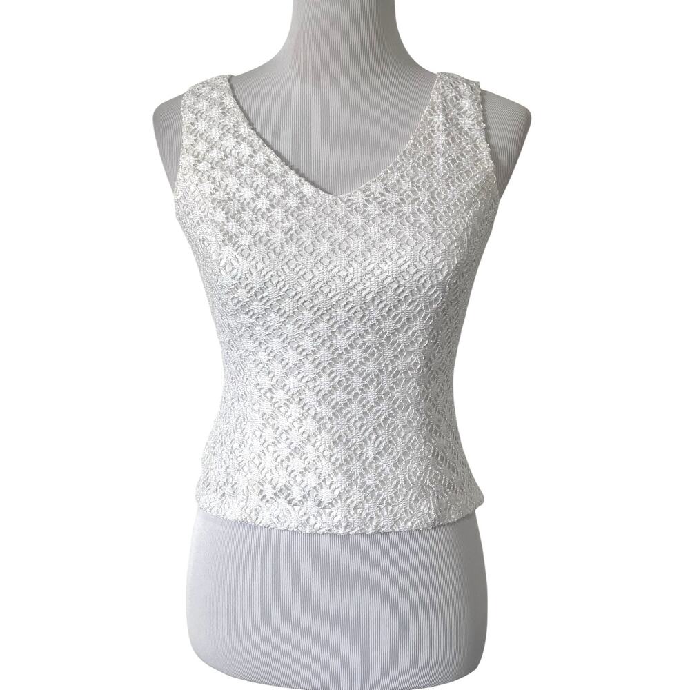 Tahari Arthur S Levine White Lace Tank Sleeveless Top Y2K V-Neck Womens Size 2